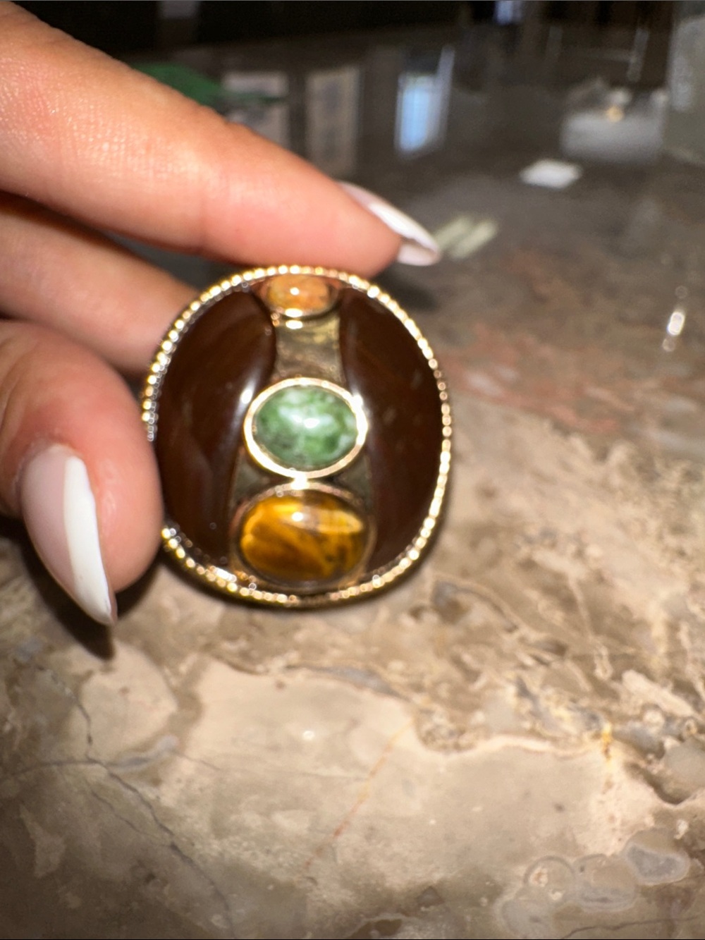 Zara Brown Gold-Tone Brooch with Green and Amber Stones